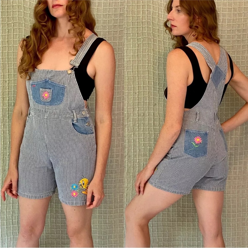 Vintage 90s Y2K Blue Gingham Denim Short Jean Overalls Looney Tunes size S/XS